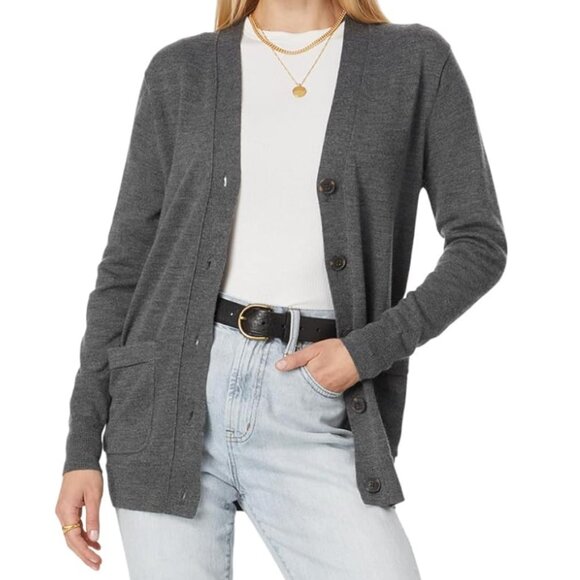 Madewell | 100% Merino Wool Boyfriend Cardigan in Charcoal Gray | Size L - Picture 1 of 11